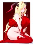  1girl absurdres asymmetrical_bangs bare_shoulders blonde_hair blush body_markings breasts colored_extremities colored_skin cosplay dress facial_mark fate/grand_order fate_(series) hair_over_one_eye highres horns large_breasts long_hair looking_at_viewer mcpc_zamurai nero_claudius_(fate) open_mouth pointy_ears queen_draco_(fate) queen_draco_(fate)_(cosplay) queen_draco_(first_ascension)_(fate) queen_draco_(third_ascension)_(fate) red_dress red_eyes red_skin seiza sitting smile solo 