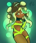  2022 beauty_mark brown_body cephalopod clothing digital_drawing_(artwork) digital_media_(artwork) female fingerless_gloves fishnet_thigh_highs gloves green_clothing green_eyes hand_behind_back handwear hi_res humanoid junkedart legwear marina_(splatoon) marine midriff mollusk nintendo octarian octoling portrait smile solo splatoon thigh_highs video_games 