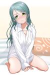  1girl absurdres aqua_hair bang_dream! between_legs blush borrowed_garments collarbone collared_shirt green_eyes hair_between_eyes hand_between_legs highres hikawa_sayo long_hair long_sleeves looking_away naked_shirt noshimurin roselia_(bang_dream!) shirt simple_background solo thighs white_shirt 