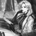  1girl breasts car coat coat_on_shoulders collared_shirt dangle_earrings diagonal-striped_clothes diagonal-striped_necktie earrings elbow_gloves folder forehead gloves greyscale head_rest highres holding holding_folder jewelry ke_laoye langley_(path_to_nowhere) lips looking_at_viewer looking_to_the_side medium_breasts medium_hair mole mole_on_neck monochrome motor_vehicle necktie parted_lips path_to_nowhere shirt sideways_glance solo striped_clothes vehicle_interior 