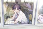  6+boys absurdres bandaged_hand bandages book chair classroom closed_mouth collared_shirt desk eraser from_outside green_eyes haero head_rest highres indoors kenmochi_touya looking_at_viewer male_focus multiple_boys necktie nijisanji notebook pen pencil pencil_case purple_hair red_necktie school_chair school_desk school_uniform shirt short_hair short_sleeves sitting solo_focus virtual_youtuber white_shirt window 