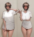  1girl ahoge arm_under_breasts averting_eyes black_choker breasts brown_hair choker collarbone cowboy_shot hand_up highres huge_breasts jewelry limbus_company looking_at_viewer meme multiple_views no_pants outis_(project_moon) oversized_clothes oversized_shirt pajamas_challenge_(meme) project_moon rhlatm ring shirt short_hair short_sleeves wedding_ring white_shirt 