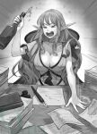  &gt;_&lt; 1girl antelise_antik apocalypse_mynoghra_~the_conquest_of_the_world_starts_with_the_civilization_of_ruin~ armchair bottle breasts chair cleavage closed_eyes desk dress elf greyscale hand_up highres holding holding_bottle ink_bottle jun_(navigavi) large_breasts long_hair monochrome novel_illustration official_art open_mouth paper paper_stack pen pointy_ears second-party_source sidelocks sitting sleeveless sleeveless_dress solo spilling splashing teeth upper_teeth_only watermark 