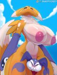 anthro areola bandai_namco between_thighs big_breasts black_sclera blue_eyes breasts canid canine digimon digimon_(species) duo female fur head_between_thighs imp impmon mammal neck_tuft nipples nude renamon snappygrey thick_thighs tuft white_body white_fur wide_hips yellow_body yellow_fur