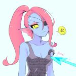  annoyed blue_body blue_skin bodily_fluids breasts centipede_(artist) clothing collarbone cross-popping_vein digital_media_(artwork) ear_fins eye_patch eyewear female fin fish hair humanoid long_hair marine non-mammal_breasts ponytail pupils red_hair simple_background slit_pupils solo sweat undertale undertale_(series) undyne video_games yellow_sclera 