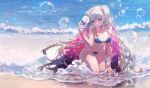  1girl absurdres azur_lane bare_arms bare_shoulders bikini blue_bikini braid braided_bun breasts bright_pupils bubble bubble_gun chinese_commentary cleavage closed_mouth commentary_request criss-cross_straps day double_bun eyelashes feather_shawl formidable_(azur_lane) formidable_(the_lady_of_the_beach)_(azur_lane) full_body geyegua grey_hair gun hair_bun highres holding holding_gun holding_weapon kneeling large_breasts light_blush long_hair multiple_braids navel o-ring o-ring_bikini ocean official_alternate_costume outdoors pink_shawl red_eyes reflection reflective_water shawl shore single_thighhigh smile solo stomach swimsuit thighhighs very_long_hair weapon weibo_watermark white_pupils white_thighhighs 