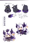  1girl :d absurdres ahoge bangs bird blush boots box chibi collar crow_(la+_darknesss) demon_horns dress fang highres hololive horns la+_darknesss long_hair long_sleeves looking_at_viewer metal_collar mishima_kurone multicolored_hair multiple_views pointy_ears purple_dress purple_hair running scan simple_background single_leg_pantyhose sleeves_past_fingers sleeves_past_wrists smile streaked_hair striped_horns tail translation_request v-shaped_eyebrows virtual_youtuber white_background white_hair yellow_eyes 