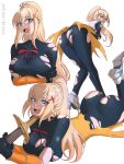  1girl absurdres arms_under_breasts ass bent_over blonde_hair blue_eyes blush bodysuit breasts crossed_arms darkness_(konosuba) from_behind highres kono_subarashii_sekai_ni_shukufuku_wo! large_breasts long_hair looking_at_viewer looking_back lying multiple_views on_stomach opalis open_mouth ponytail sideboob sidelocks simple_background smile sword taut_bodysuit torn_clothes weapon 