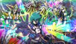  2boys artist_name blue_hair blue_vest breasts clenched_hand cowboy_shot duel_disk green_eyes highres johan_andersen looking_at_viewer male_focus medium_breasts multiple_boys outstretched_arm rainbow rainbow_dragon_overdrive rainbow_neos rainbow_overdragon shirt smirk spiked_hair vest vincent_graphic_art white_shirt yu-gi-oh! yu-gi-oh!_gx 