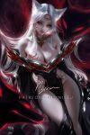  1girl ahri_(league_of_legends) animal_ears breasts colored_skin highres large_breasts league_of_legends long_hair mole nixeu red_eyes white_hair white_skin 