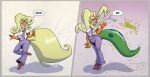  2022 5_fingers absurd_res activision anthony_loiacono anthro bandicoot big_tail blonde_hair breasts clothing coco_bandicoot crash_bandicoot_(series) dialogue digital_media_(artwork) ear_piercing english_text female fingers footwear green_body green_scales hair hi_res holding_vial long_tail looking_down mammal marsupial on_one_leg piercing scales scalie shocked shoes simple_background smile solo standing tail text transformation vial 