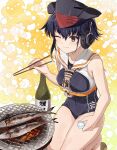  1girl absurdres alcohol asymmetrical_hair black_hair black_one-piece_swimsuit blush bottle breast_cutout brown_eyes brown_neckerchief choko_(cup) chopsticks cooking cup fish framed_breasts gloves gradient grill grilling hair_between_eyes headphones highres i-14_(kancolle) kanmiya_shinobu kantai_collection neckerchief one_eye_closed partially_fingerless_gloves sailor_collar sake sake_bottle saury school_swimsuit shirt short_hair single_glove solo squatting swimsuit yellow_background 