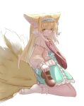  1girl animal_ear_fluff animal_ears ark_bone arknights bag bangs blonde_hair blue_hairband blue_skirt blush brown_footwear brown_jacket closed_mouth fox_ears fox_girl fox_tail frilled_hairband frills green_eyes hair_between_eyes hairband high-waist_skirt holding holding_clothes holding_footwear holding_shoes jacket long_hair long_sleeves looking_at_viewer multicolored_hair neck_ribbon open_clothes open_jacket puffy_long_sleeves puffy_sleeves red_ribbon ribbon shirt shoes shoes_removed shoulder_bag simple_background sitting skirt smile socks solo suzuran_(arknights) tail two-tone_hair very_long_hair wariza white_background white_hair white_shirt white_socks 