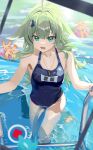 1girl absurdres ahoge auguste bare_shoulders blue_eyes blue_one-piece_swimsuit character_name clothes_writing green_hair hair_intakes hair_ornament highres honkai:_star_rail honkai_(series) huohuo_(honkai:_star_rail) long_hair one-piece_swimsuit solo swimsuit translated very_long_hair wading water 