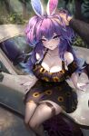  1boy 1girl absurdres animal_ears black_wings blue_eyes blue_hair blush breasts car cleavage collarbone colored_tips cottontail_(vtuber) dress fingernails hair_between_eyes hand_on_another&#039;s_head heterochromia highres indie_virtual_youtuber large_breasts long_hair looking_at_viewer low_wings motor_vehicle multicolored_hair on_vehicle pov purple_eyes purple_hair purple_nails rabbit_ears sainty sharp_fingernails signature sitting solo_focus thighhighs underwear virtual_youtuber wings 