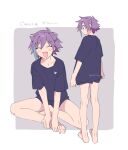  1boy blue_hair border closed_eyes earrings facing_to_the_side facing_viewer fang full_body highres hiiragi_jun jewelry looking_down male_focus multicolored_hair onegai_my_melody potti-p purple_background purple_eyes purple_hair purple_shirt purple_shorts shirt short_hair short_sleeves shorts sitting sketch solo white_border 