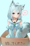  1girl absurdres ahoge animal_ear_fluff animal_ears bangs blue_background blue_eyes blue_neckerchief blush box braid breasts cardboard_box closed_mouth commentary_request detached_sleeves fox_ears fox_girl fox_tail hair_between_eyes highres hololive hood hoodie in_box in_container long_hair looking_at_viewer midriff navel neckerchief negimasandayo shirakami_fubuki sidelocks simple_background single_braid small_breasts solo spoken_blush tail tearing_up virtual_youtuber white_hair white_hoodie 
