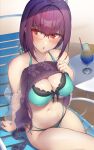  1girl :o bare_shoulders beach_chair bikini blue_bikini blush breasts clothes_lift dress dress_lift fate/grand_order fate_(series) glasses hair_ornament hair_scrunchie highres large_breasts long_hair looking_at_viewer navel over-rim_eyewear pinta_(ayashii_bochi) purple_eyes purple_hair red-framed_eyewear scathach_(fate) scathach_skadi_(swimsuit_ruler)_(fate) scathach_skadi_(swimsuit_ruler)_(second_ascension)_(fate) scrunchie see-through see-through_sleeves semi-rimless_eyewear sitting solo sweater sweater_dress swimsuit 