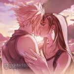  1boy 1girl artist_name bare_arms bare_shoulders black_hair blonde_hair closed_eyes cloud cloud_strife cloudy_sky collarbone couple crop_top earrings final_fantasy final_fantasy_vii final_fantasy_vii_remake hand_on_another&#039;s_arm hetero highres ilabarattolo jewelry kiss long_hair sky sleeveless sleeveless_turtleneck spiked_hair suspenders sweater tank_top tifa_lockhart turtleneck turtleneck_sweater upper_body white_tank_top 