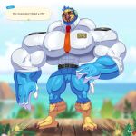 2020 4_fingers abs absurd_res animal_crossing anthro artist_name avian avian_feet badge beak belt belt_buckle biceps big_biceps big_chest big_muscles biped bird black_belt blue_arms blue_hair blue_hands blue_legs blue_neck blue_tail_feathers blurred_background brown_beak brown_claws buckle claws clothed clothed_anthro clothed_male clothing columbid dialogue digital_drawing_(artwork) digital_media_(artwork) dodo dodo_airlines_(animal_crossing) electronics english_text exclamation_point extinct eyewear feathers featureless_crotch fingers gameplay_mechanics greeting greeting_viewer hair hand_on_hip hand_on_own_hip headphones hi_res huge_arms huge_muscles male monotone_face monotone_hair muscular muscular_anthro muscular_arms muscular_legs muscular_male necktie neckwear nintendo nipple_outline nipples pecs pilot_uniform professional_clothes question question_mark questioning recently_extinct_species red_necktie red_neckwear shirt signature solo speech_bubble standing sunglasses sunglasses_on_face tail tail_feathers talking_to_viewer text thick_arms thick_thighs tongue topwear two_tone_tail_feathers white_clothing white_fingers white_shirt white_tail_feathers white_topwear wilbur_(animal_crossing) wolfiecanem