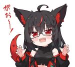  1girl ahoge animal_ear_fluff animal_ears bangs black_hair black_jacket black_shirt blush braid breasts claw_pose commentary_request crop_top earrings fox_ears fox_girl fox_tail hair_between_eyes highres hololive jacket jewelry kukie-nyan kurokami_fubuki long_hair looking_at_viewer multicolored_hair open_clothes open_jacket open_mouth pentagram red_eyes red_hair shirt sidelocks simple_background single_braid sleeveless sleeveless_shirt small_breasts streaked_hair tail teeth virtual_youtuber white_background 