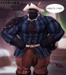  2022 absurd_res anthro armor balls barazoku belt big_balls big_muscles big_penis blurred_background bodily_fluids body_hair boots bottomless bovid bovine cattle chest_hair clothed clothing darksideofdiscovery dialogue english_text eye_mask flaccid footwear front_view genital_fluids genitals gloves hair handwear hat headgear headwear hi_res huge_balls huge_muscles huge_penis humanoid_genitalia humanoid_penis inside long_sleeves looking_at_viewer male mammal mask melee_weapon muscular muscular_anthro muscular_male pauldron penis precum pubes sheathed_weapon shirt solo standing sweat sweaty_balls sweaty_genitalia sweaty_penis sword talking_to_viewer text thick_penis thick_thighs topwear unconvincing_armor uthor_(darksideofdiscovery) watermark weapon 