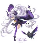  1girl ahoge artist_name ascot bird black_horns blush braid braided_bangs collar crow crow_(la+_darknesss) demon_girl demon_horns fufu grey_hair hair_between_eyes hair_wings highres hololive horns la+_darknesss long_hair long_sleeves metal_collar multicolored_hair open_mouth pointy_ears purple_hair purple_horns single_leg_pantyhose sleeves_past_fingers sleeves_past_wrists smile solo streaked_hair striped_horns tail very_long_hair virtual_youtuber white_background wide_sleeves yellow_ascot yellow_eyes 