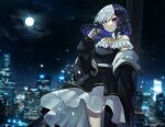  1girl bare_shoulders black_dress black_hair blue_eyes blue_hair blurry blurry_background cityscape colored_inner_hair commission depth_of_field dress floating_hair full_moon highres long_sleeves medium_hair mole mole_under_eye moon multicolored_hair original purple_eyes ruteko_(ruko220) sash signature skeb_commission smile solo split-color_hair standing white_hair 