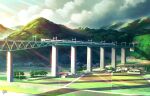  bridge building commentary_request ground_vehicle house mountain mugumo_24k no_humans original outdoors road rural scenery shadow train tree 