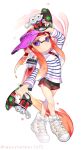  1girl black_shorts crossed_legs full_body gun hand_up hat highres holding holding_gun holding_weapon ink_tank_(splatoon) inkling inkling_girl looking_at_viewer orange_hair pointy_ears purple_eyes purple_headwear shoes short_shorts shorts simple_background sneakers solo splatoon_(series) splatoon_2 tambarin_inoue tentacle_hair weapon white_background white_footwear 