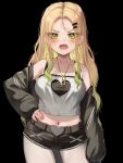  1girl black_background black_coat black_shorts blonde_hair breasts coat colored_inner_hair colored_tips contrapposto cowboy_shot gradient_hair green_eyes green_hair hand_on_hip iruka_blue_(torriet) jitome lace_trim long_hair looking_at_viewer medium_breasts midriff multicolored_hair navel off_shoulder open_clothes open_coat open_mouth original parted_hair short_shorts shorts sidelocks simple_background solo straight-on tank_top torriet very_long_hair 