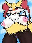  absurd_res anthro big_breasts black_body blush braixen breasts clothing female generation_6_pokemon hi_res milkteafox nintendo one_eye_closed pokemon pokemon_(species) solo underwear video_games yellow_body 