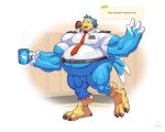 2020 4_fingers absurd_res animal_crossing anthro artist_name avian avian_feet badge beak belly belt belt_buckle beverage biceps big_biceps big_muscles biped bird black_belt black_eyes blue_arms blue_belly blue_butt blue_hair blue_hands blue_legs blue_neck blue_tail_feathers brown_beak brown_claws buckle butt claws clothed clothed_anthro clothed_male clothing coffee coffee_mug columbid container cup dialogue digital_drawing_(artwork) digital_media_(artwork) dodo dodo_airlines_(animal_crossing) electronics english_text exclamation_point extinct eyewear feathers featureless_crotch fingers gameplay_mechanics greeting greeting_viewer hair hand_on_hip hand_on_own_hip headphones hi_res holding_container holding_cup holding_mug holding_object huge_arms huge_muscles logo looking_at_viewer male monotone_face monotone_hair mug muscular muscular_legs necktie neckwear nintendo nipple_outline nipples open_mouth orville_(animal_crossing) overweight overweight_anthro overweight_male pilot_uniform professional_clothes question question_mark questioning recently_extinct_species red_necktie red_neckwear shirt signature simple_background solo speech_bubble standing tail tail_feathers talking_to_viewer text thick_arms thick_thighs tongue topwear two_tone_tail_feathers white_background white_clothing white_fingers white_shirt white_tail_feathers white_topwear wolfiecanem yes-no_question