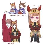  1boy 1girl :t arm_guards arm_up armor bangs bow bowl bowtie breastplate brown_hair chibi chopsticks closed_eyes durandal_(racehorse) ear_covers ear_ornament eating faceless faceless_male fine_motion_(umamusume) food gauntlets genderswap genderswap_(mtf) green_eyes hair_between_eyes hair_bun hair_ornament hand_on_hilt highres holding holding_chopsticks hood hoodie ikezoe_ken&#039;ichi katsudon_(food) knight light_brown_hair long_hair long_sleeves looking_at_viewer medium_hair multicolored_hair noodles obushideian original personification planted planted_sword purple_eyes purple_sailor_collar purple_shirt ramen real_life red_hoodie reference_sheet sailor_collar sailor_shirt school_uniform shirt short_hair sidelocks simple_background single_hair_bun streaked_hair sword tabard tracen_school_uniform translated two-tone_hair umamusume variations visor_(armor) weapon white_background white_bow white_bowtie winter_uniform 