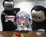  1girl 2others blank_room_soup blue_dress blue_hat bowl closed_eyes commentary_request crying dress drumsticks eating food haniwa_kue hat holding holding_bowl holding_drumsticks holding_food mob_cap multiple_others omelet omurice onigiri open_mouth pink_hair rayray saigyouji_yuyuko short_hair steam teeth touhou triangular_headpiece upper_teeth_only 