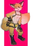  2022 anthro canid canine clothed clothing condom condom_in_mouth fingerless_gloves fox gloves handwear harness hi_res jayfeath3r male mammal plantigrade sexual_barrier_device simple_background skimpy solo standing 
