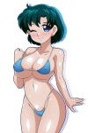  1girl absurdres bikini bishoujo_senshi_sailor_moon blue_bikini blue_eyes blue_hair breasts commentary_request covered_nipples cowboy_shot highleg highleg_bikini highleg_swimsuit highres hoimin_(anchangdeath) large_breasts looking_at_viewer micro_bikini mizuno_ami one_eye_closed short_hair simple_background solo standing swimsuit white_background 