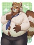 2022 absurd_res anthro belly big_belly blush bottomwear brown_body canid canine clothing hi_res humanoid_hands kemono male mammal necktie overweight overweight_male pants ponpo_ko5 raccoon_dog solo tanuki 