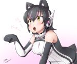  1girl animal_costume animal_ears black_hair cat_ears cat_girl elbow_gloves fake_animal_ears gloves headphones humboldt_penguin_(kemono_friends) kemono_friends kemono_friends_v_project microphone multicolored_hair open_mouth penguin_costume penguin_girl purple_hair shirt short_hair simple_background sleeveless sleeveless_shirt solo tail taurine_8000mg virtual_youtuber yellow_eyes zipper 