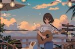  1girl aren_(fubuki-46) artist_name black_eyes black_hair blue_pants closed_mouth commentary_request dog fence highres lemonade mountainous_horizon ocean original outdoors pants shirt short_hair short_sleeves smile solo striped striped_shirt watermark white_shirt wooden_fence 