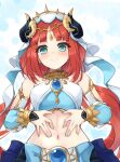  1girl aqua_eyes bangs bare_shoulders blush breasts circlet closed_mouth crop_top detached_sleeves forehead_jewel genshin_impact gold_trim hands_on_own_stomach highres horns jewelry kuro_(be_ok) long_sleeves looking_at_viewer navel neck_ring nilou_(genshin_impact) parted_bangs puffy_long_sleeves puffy_sleeves red_hair small_breasts smile solo stomach vambraces veil vision_(genshin_impact) white_headwear 