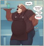  2022 absurd_res anthro apron barmaku belly big_belly black_nose bottomwear brown_body clothing dialogue english_text eyes_closed hi_res humanoid_hands male mammal overweight overweight_male pants shirt solo text topwear ursid 