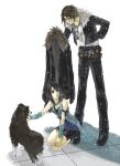 1boy 1girl angelo_(ff8) arm_ribbon belt bike_shorts bike_shorts_under_skirt black_belt black_eyes black_footwear black_gloves black_hair black_jacket black_pants black_ribbon black_shorts black_tank_top blue_eyes blue_skirt boots brown_belt brown_fur brown_hair chain chain_necklace commentary_request cropped_jacket detached_sleeves dog final_fantasy final_fantasy_viii full_body fur-trimmed_jacket fur_trim gloves hair_over_shoulder hand_on_own_hip hand_on_own_leg hinokami holding holding_clothes jacket jewelry kneeling long_hair long_sleeves looking_at_another looking_down looking_up miniskirt multicolored_fur multiple_belts necklace open_clothes open_jacket pants parted_lips pendant ribbon ring ring_necklace rinoa_heartilly scar scar_on_face shirt short_hair shorts skirt sleeveless_duster snowing squall_leonhart studded_belt tank_top thigh_strap v-neck white_fur white_shirt winter 