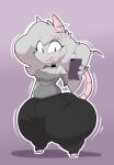  2022 anthro bottom_heavy breasts digital_media_(artwork) elisa_(maddeku) eyelashes female fur grey_body grey_fur hi_res huge_hips huge_thighs hyper hyper_hips hyper_thighs looking_at_viewer maddeku mammal murid murine overweight overweight_female pear-shaped_figure phone rat rodent selfie smile solo thick_thighs tongue tongue_out wide_hips 