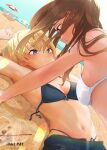  2girls absurdres armpits bare_shoulders beach bikini black_bikini black_eyes blonde_hair blue_sky blush brown_hair commentary_request dark_skin day dutch_angle girl_on_top gradient_hair highres idolmaster idolmaster_shiny_colors izumi_mei long_hair lying multicolored_hair multiple_girls on_back on_ground outdoors purple_eyes saijo_juri short_hair sky swimsuit wet white_bikini yamato_cogane yukadon 