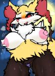  absurd_res anthro big_breasts black_body blush braixen breasts clothing female generation_6_pokemon hi_res milkteafox nintendo one_eye_closed pokemon pokemon_(species) solo underwear video_games yellow_body 