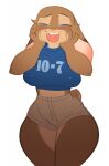  2022 anthro blue_clothing blue_eyes blue_shirt blue_topwear blush bottomwear brown_body brown_fur clothing female fur hi_res lagomorph leporid looking_at_viewer mammal number_on_topwear pink_nose rabbit scut_tail shirt short_tail simple_background solo svarzye teeth tongue topwear trisha_(liebeslied) white_background 