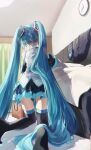  1girl 1other absurdres bag bare_shoulders black_thighhighs blanket blue_hair carpet clock clothes_removed commentary couch covering_with_blanket detached_sleeves from_behind hair_focus hatsune_miku highres indoors jacket jacket_removed kneeling long_hair master_(vocaloid) necktie necktie_removed no_shoes pentagon_(railgun_ky1206) pleated_skirt shirt skirt solo_focus thighhighs twintails very_long_hair vocaloid wall_clock white_shirt 