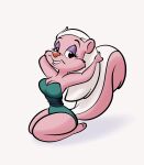 anthro barefoot bedroom_eyes big_breasts big_butt bimbette breasts butt cleavage clothed clothing feet female fur hair hi_res kneeling long_hair looking_at_viewer mammal mephitid narrowed_eyes pink_body pink_fur seductive skunk smile smiling_at_viewer soles solo stanmort thick_thighs tiny_toon_adventures toes warner_brothers white_hair wide_hips