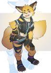  2022 anthro bottomwear canid canine clothed clothing fingerless_gloves fox gloves handwear hi_res jacket jayfeath3r male mammal open_mouth plantigrade shorts simple_background solo standing topwear 